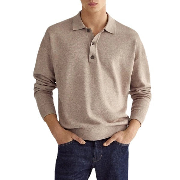 Fashion Autumn Solid Color Casual V-neck Buttons Long-Sleeved T-shirt All-Match Business Polo Shirt Men's Polo Shirt