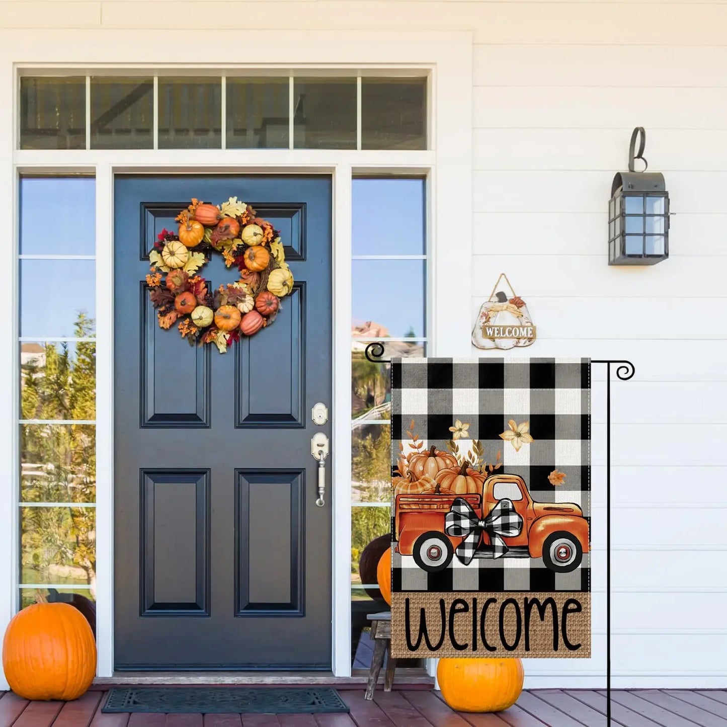 Fall Garden Flags 12x18 Inch Double Sided, Buffalo Plaid Welcome Orange Truck with Pumpkins Yard Flag Seasonal Decorations for O