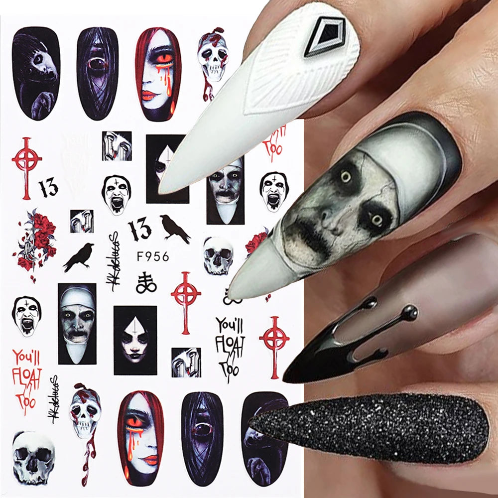 3D Halloween Nail Art Stickers Horror Ghost Skull Evil Eye Anime Decals Bloody Rose Sticker for Nail Manicure Decoration LEBF956