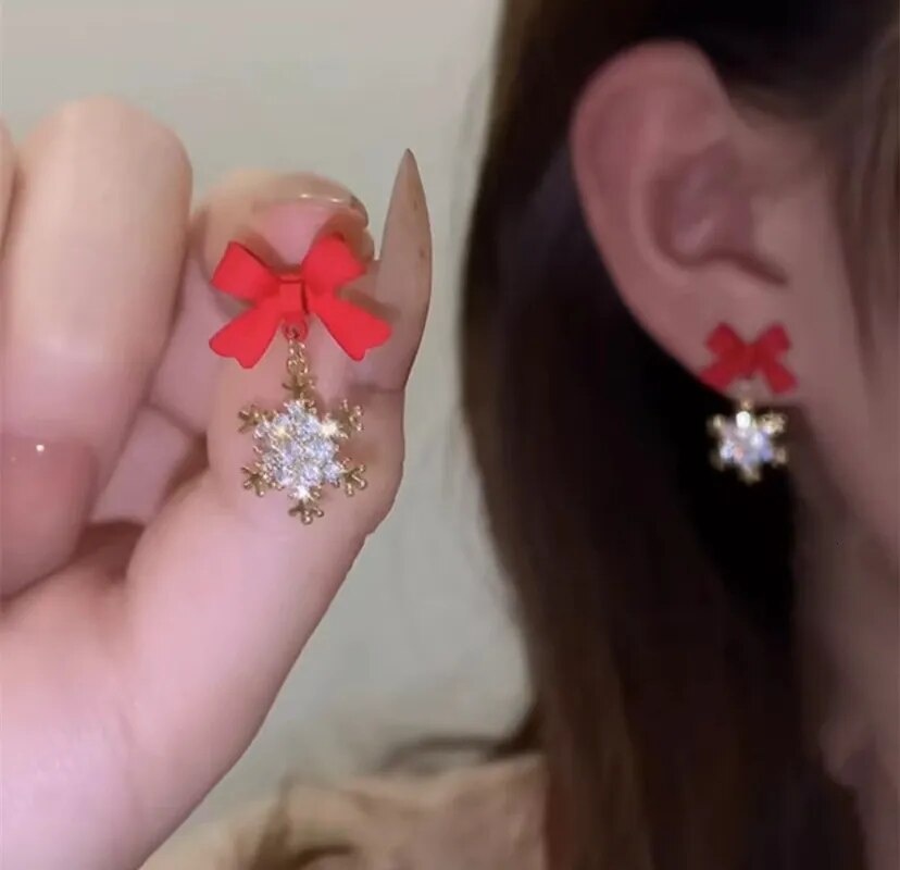 Elegant Red Bow Zircon Snowflake Stud Earrings for Women Girls Charm Rose Gold Color New Year Christmas Earrings Jewelry