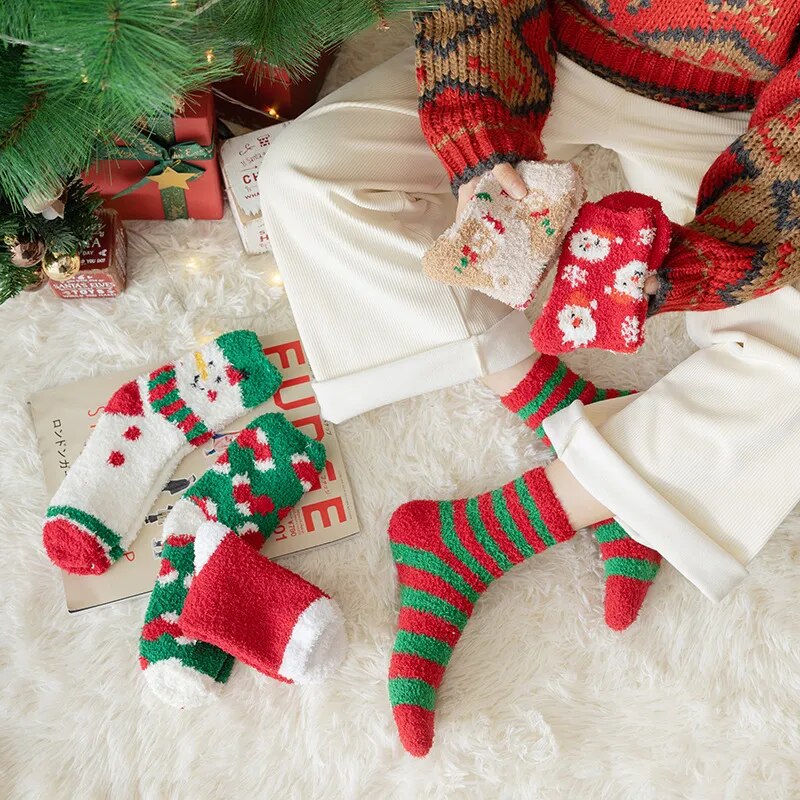 New Christmas coral fleece warm and thick winter socks snowman sleeping floor socks