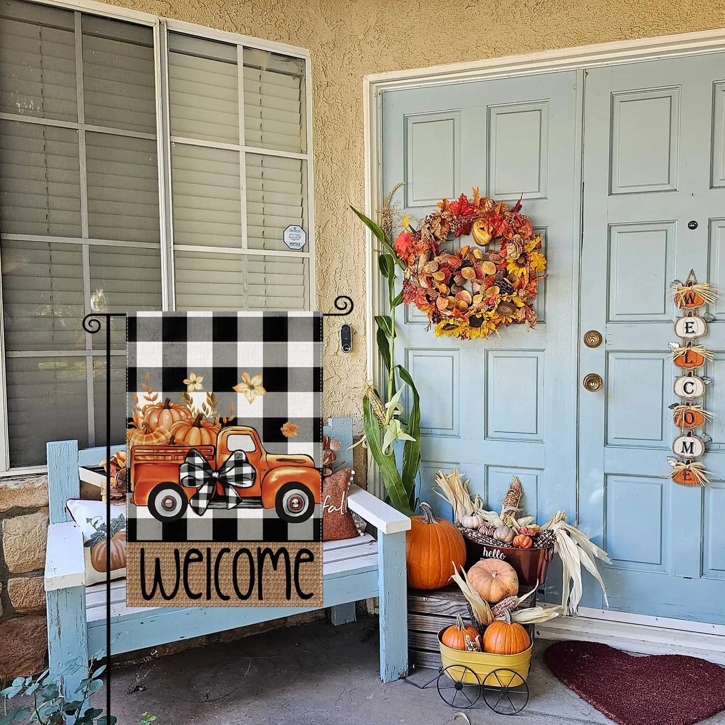 Fall Garden Flags 12x18 Inch Double Sided, Buffalo Plaid Welcome Orange Truck with Pumpkins Yard Flag Seasonal Decorations for O