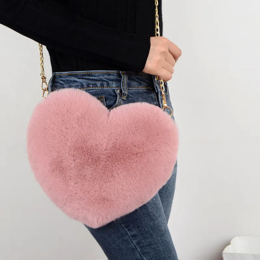 Fashion Women's Heart Shaped Handbags Cute Kawaii Faux Fur Crossbody Bags Wallet Purse Plush Chain Shoulder Bag Lady Handbag