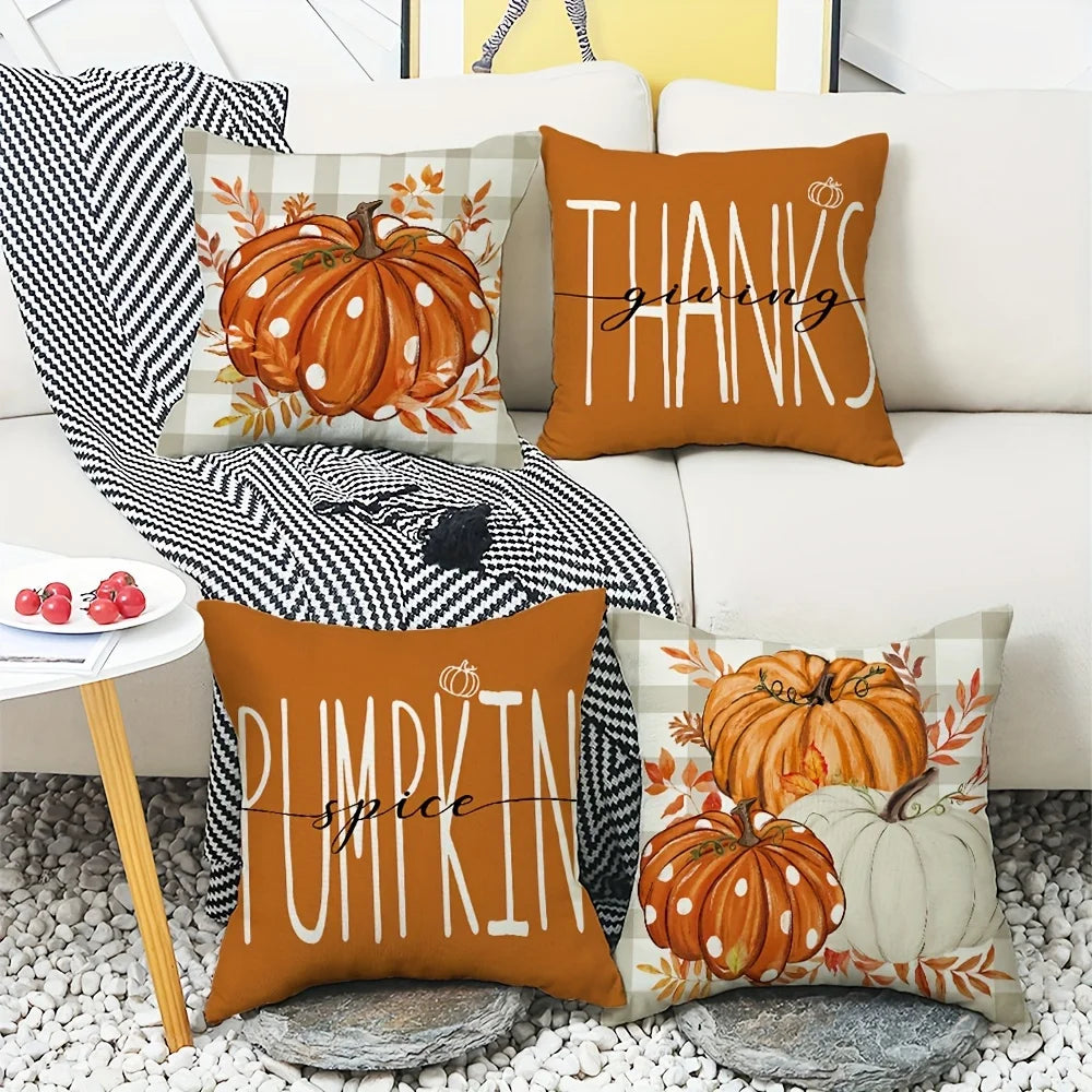 4Pcs 45x45cm Rustic Fall Throw Pillow Covers Pumpkins Thanks Buffalo Plaid Fall Decor Farmhouse Home Couch Thanksgiving Blessing