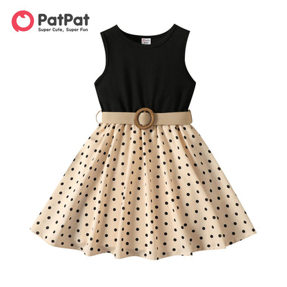 PatPat 2pcs Girl Dresses Kids Clothes Girl Polka Dots Ribbed Girls Splice Sleeveless Dress & Belt