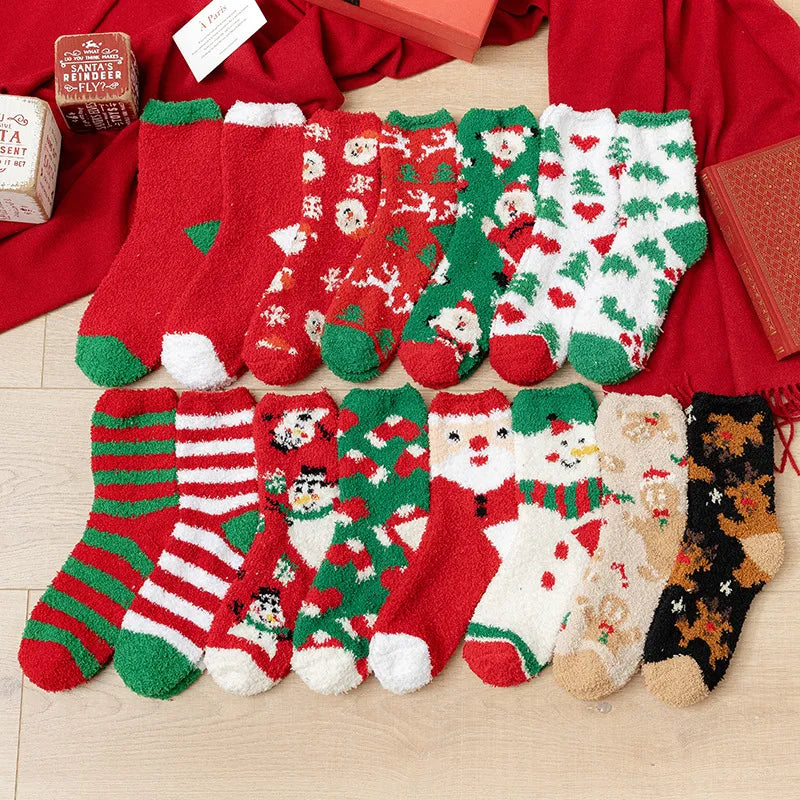 New Christmas coral fleece warm and thick winter socks snowman sleeping floor socks