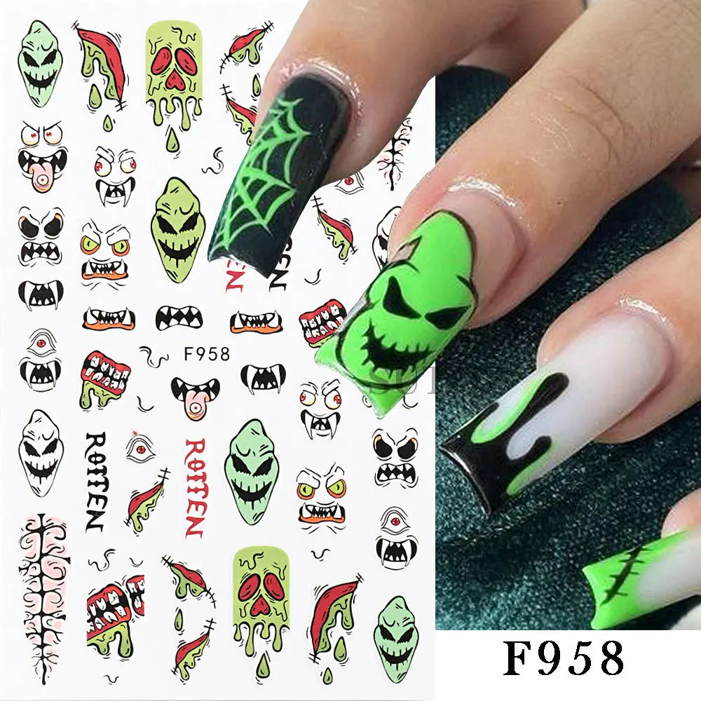 3D Halloween Nail Art Stickers Horror Ghost Skull Evil Eye Anime Decals Bloody Rose Sticker for Nail Manicure Decoration LEBF956