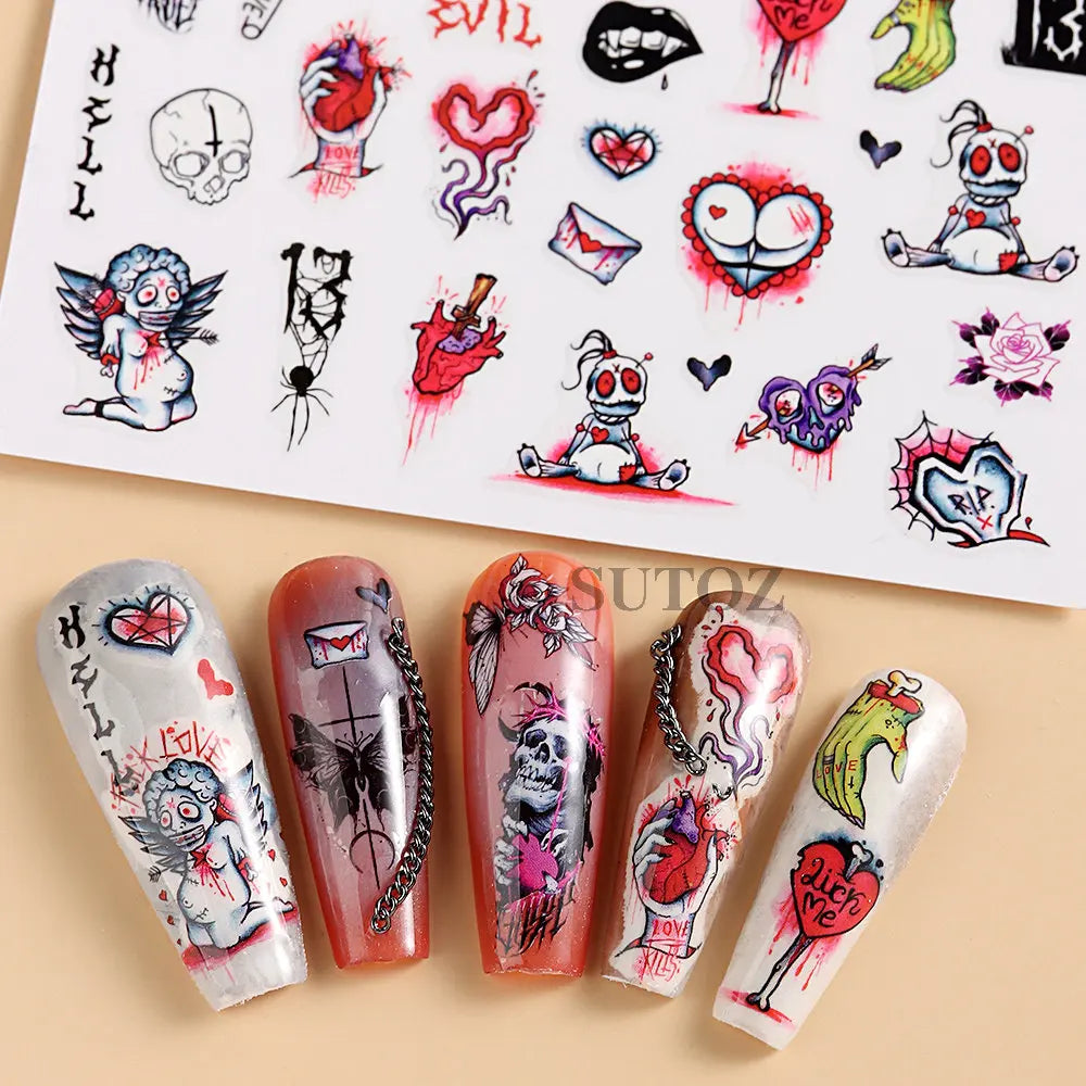 3D Halloween Nail Art Stickers Horror Ghost Skull Evil Eye Anime Decals Bloody Rose Sticker for Nail Manicure Decoration LEBF956