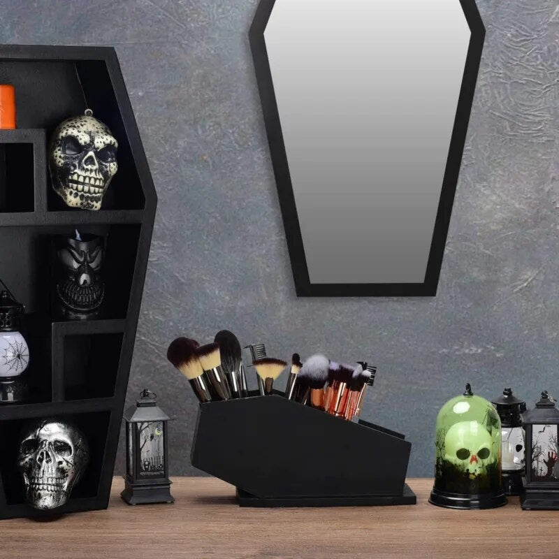 Gothic Coffin Brush Holder Makeup Brush Storage Box Wood Eye Shadow Eyebrow Brush Pen Cosmetic Holder Ghost Gothic Home Decor