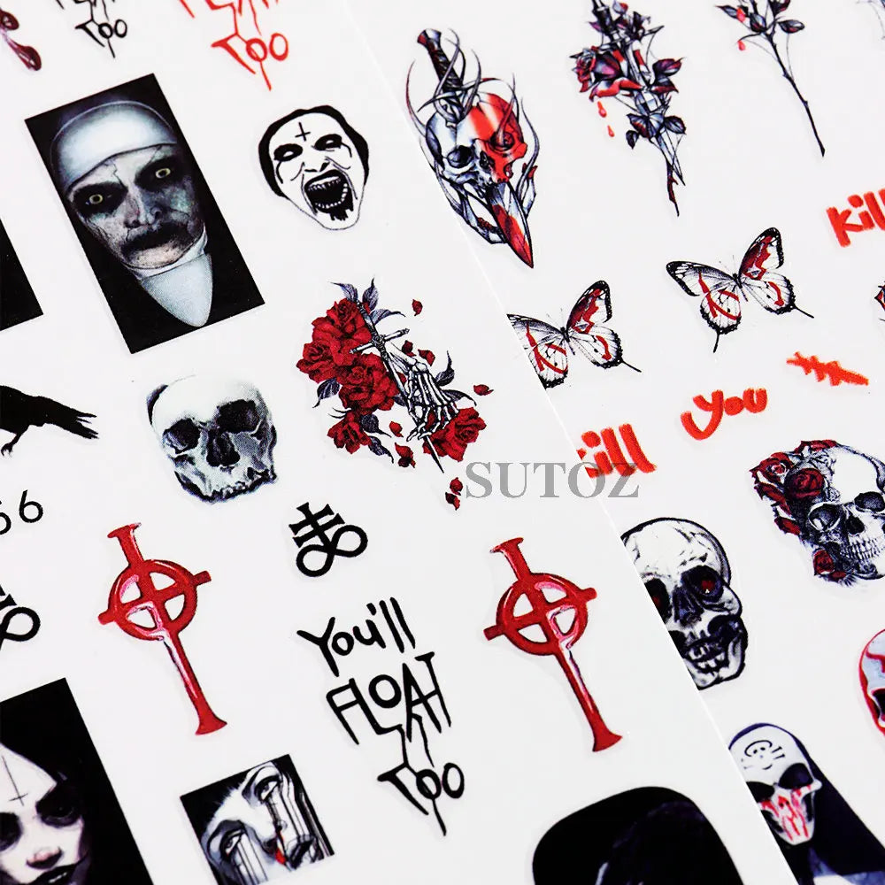 3D Halloween Nail Art Stickers Horror Ghost Skull Evil Eye Anime Decals Bloody Rose Sticker for Nail Manicure Decoration LEBF956