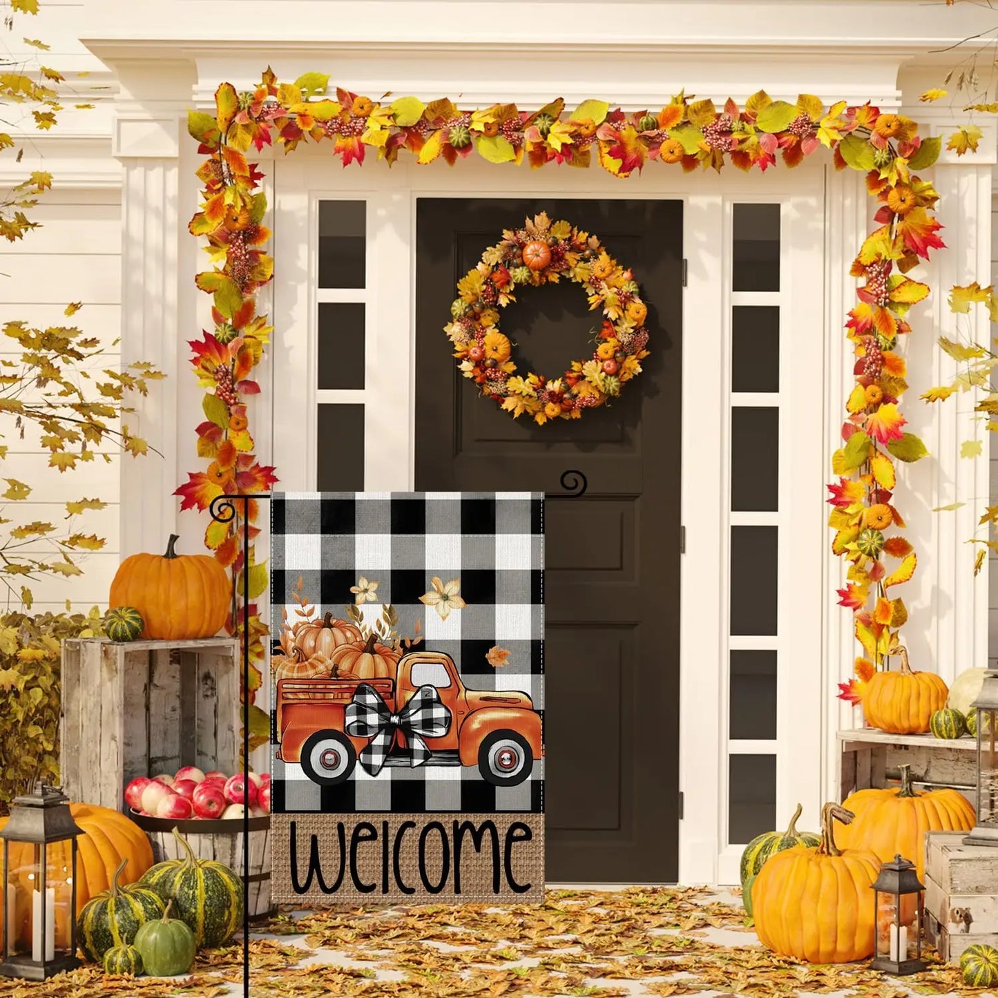 Fall Garden Flags 12x18 Inch Double Sided, Buffalo Plaid Welcome Orange Truck with Pumpkins Yard Flag Seasonal Decorations for O