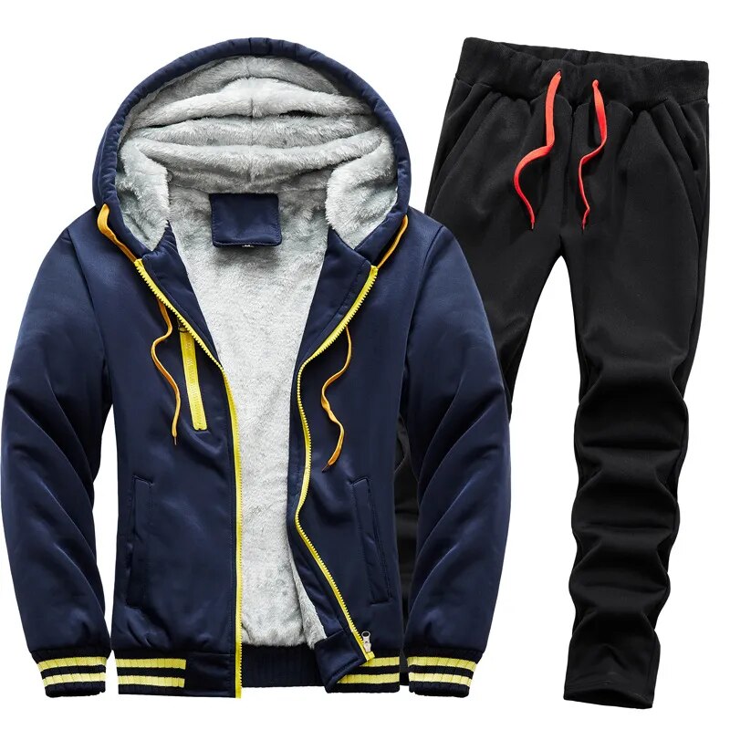 Fleece Hooded Tracksuit Men 2 Pieces Set Sweatshirt + Sweatpants Sportswear Zipper Hoodies Casual Sets Mens Clothing S-5XL