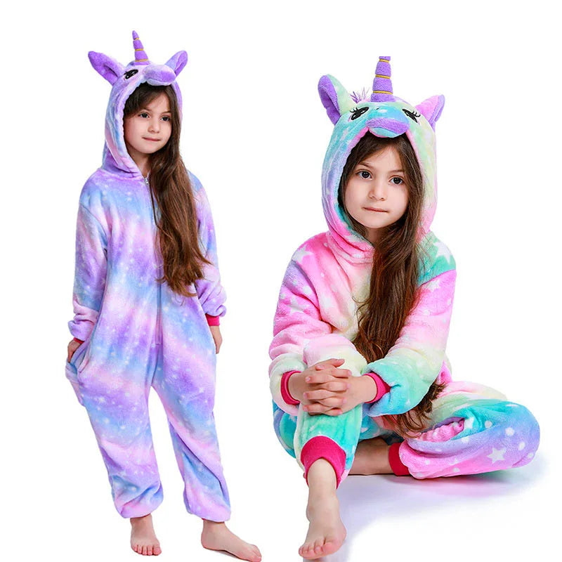 Kigurumi Kids Cute Unicorn Panda Animal Cartoon Flannel Pajamas Children Sleepwear Girls Boys Onesies Costumes For Halloween