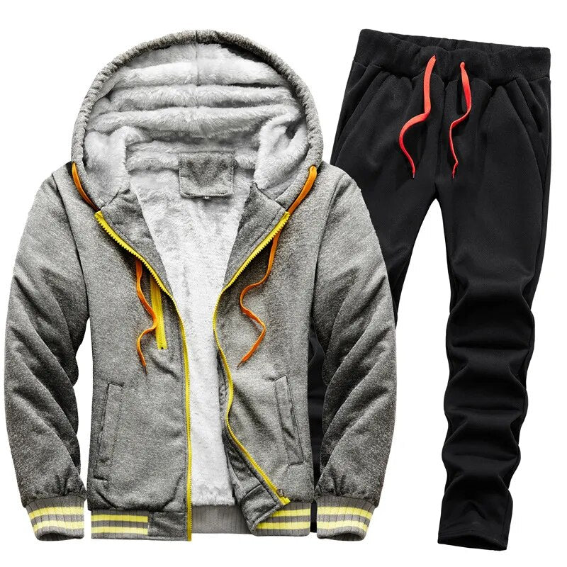 Fleece Hooded Tracksuit Men 2 Pieces Set Sweatshirt + Sweatpants Sportswear Zipper Hoodies Casual Sets Mens Clothing S-5XL