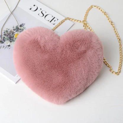 Fashion Women's Heart Shaped Handbags Cute Kawaii Faux Fur Crossbody Bags Wallet Purse Plush Chain Shoulder Bag Lady Handbag