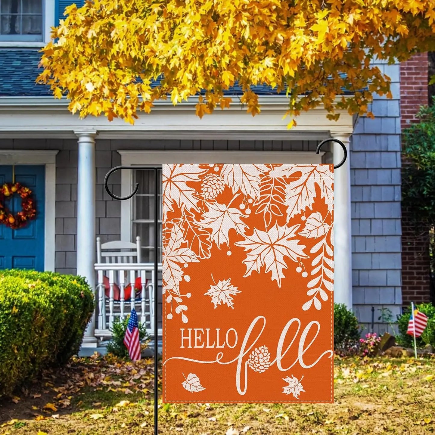 Hello Fall Maple Leaves Small Decorative Garden Flag, Autumn Pine Cone Orange Yard Lawn Outside Decor, Seasonal Burlap Outdoor H