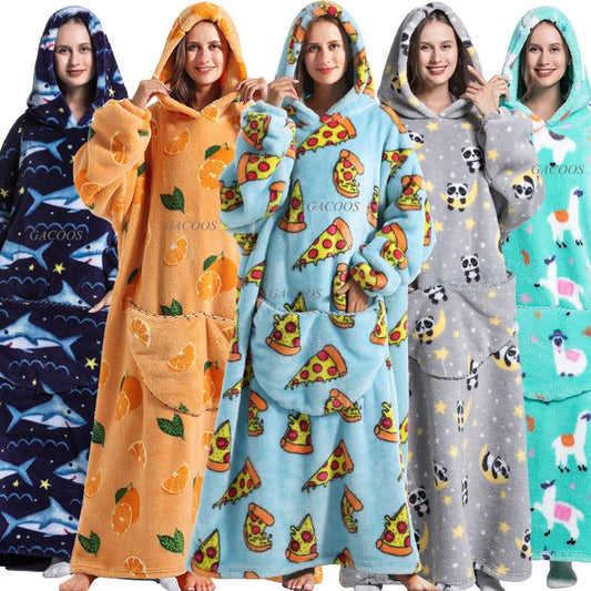 Extra Long Winter Hoodie Flannel Warm Blanket with Sleeves Women Hoodies Oversized Sweatshirt Couples Pullover Giant TV Blanket