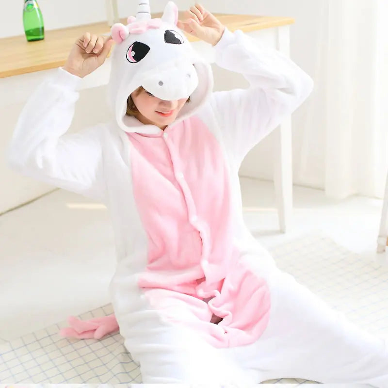 Pink Unicorn Adult Animal Pajamas Women Men Couple Cartoon Pajamas Suit Christmas Party Sleepwear Kigurumi Cosplay One Piece Costume