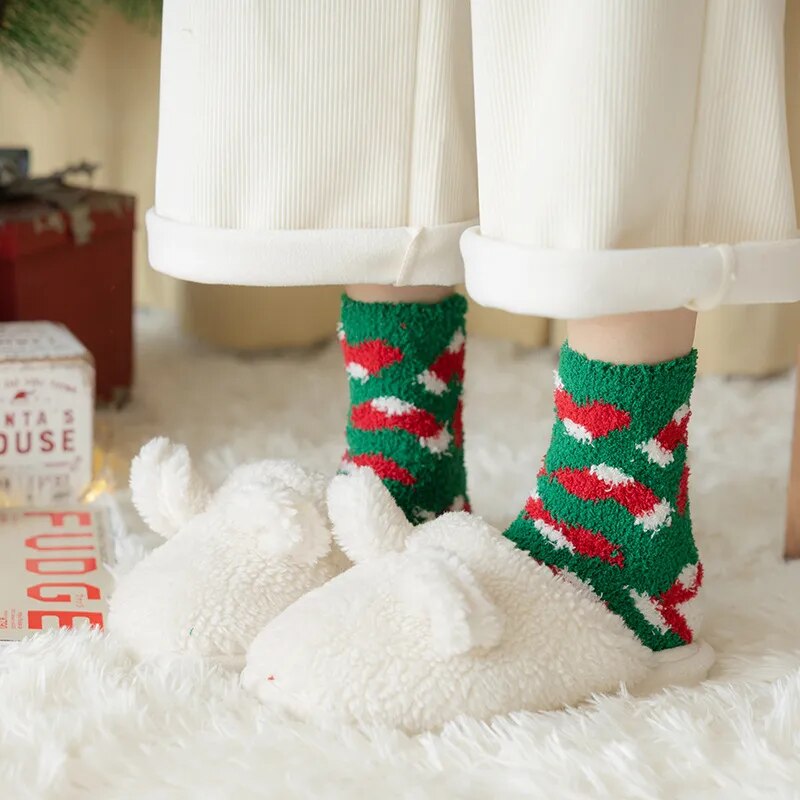 New Christmas coral fleece warm and thick winter socks snowman sleeping floor socks