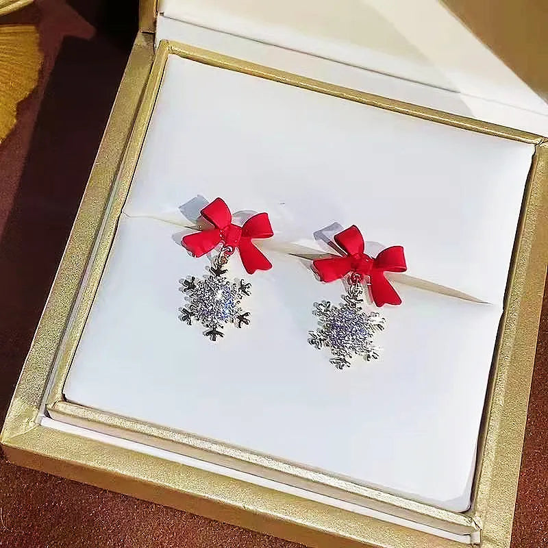 Elegant Red Bow Zircon Snowflake Stud Earrings for Women Girls Charm Rose Gold Color New Year Christmas Earrings Jewelry