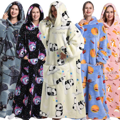 Extra Long Winter Hoodie Flannel Warm Blanket with Sleeves Women Hoodies Oversized Sweatshirt Couples Pullover Giant TV Blanket