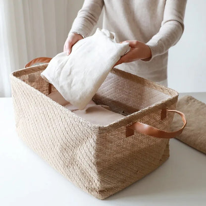 Jute Woven Storag Basket Foldable Clothes Organizer Basket with Handle Closet Organzier Washable Home Storage Organizser