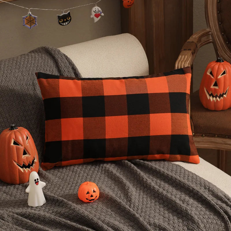 Halloween Decorative Pillow Covers Fall Pillow Case Orange Throw Pillow Cover Plaid Couch Pillow Cover for Living Room