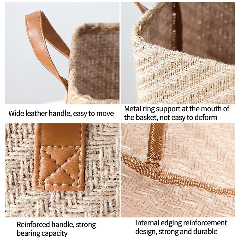 Jute Woven Storag Basket Foldable Clothes Organizer Basket with Handle Closet Organzier Washable Home Storage Organizser