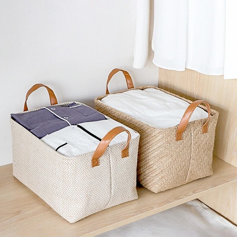 Jute Woven Storag Basket Foldable Clothes Organizer Basket with Handle Closet Organzier Washable Home Storage Organizser