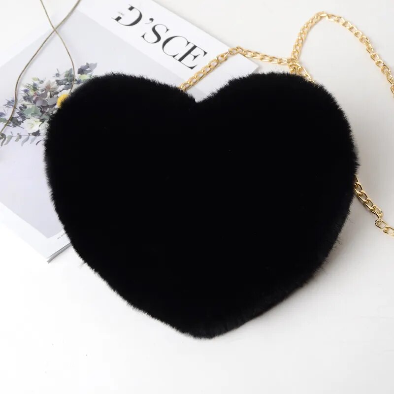 Fashion Women's Heart Shaped Handbags Cute Kawaii Faux Fur Crossbody Bags Wallet Purse Plush Chain Shoulder Bag Lady Handbag