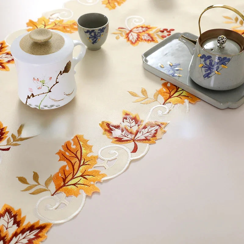 Fall Table Runner Maple Leaves Thanksgiving Embroidered Autumn Harvest Table Decor for Fall Thanksgiving Decorations