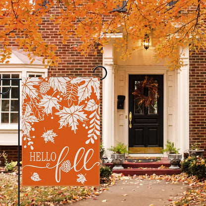 Hello Fall Maple Leaves Small Decorative Garden Flag, Autumn Pine Cone Orange Yard Lawn Outside Decor, Seasonal Burlap Outdoor H