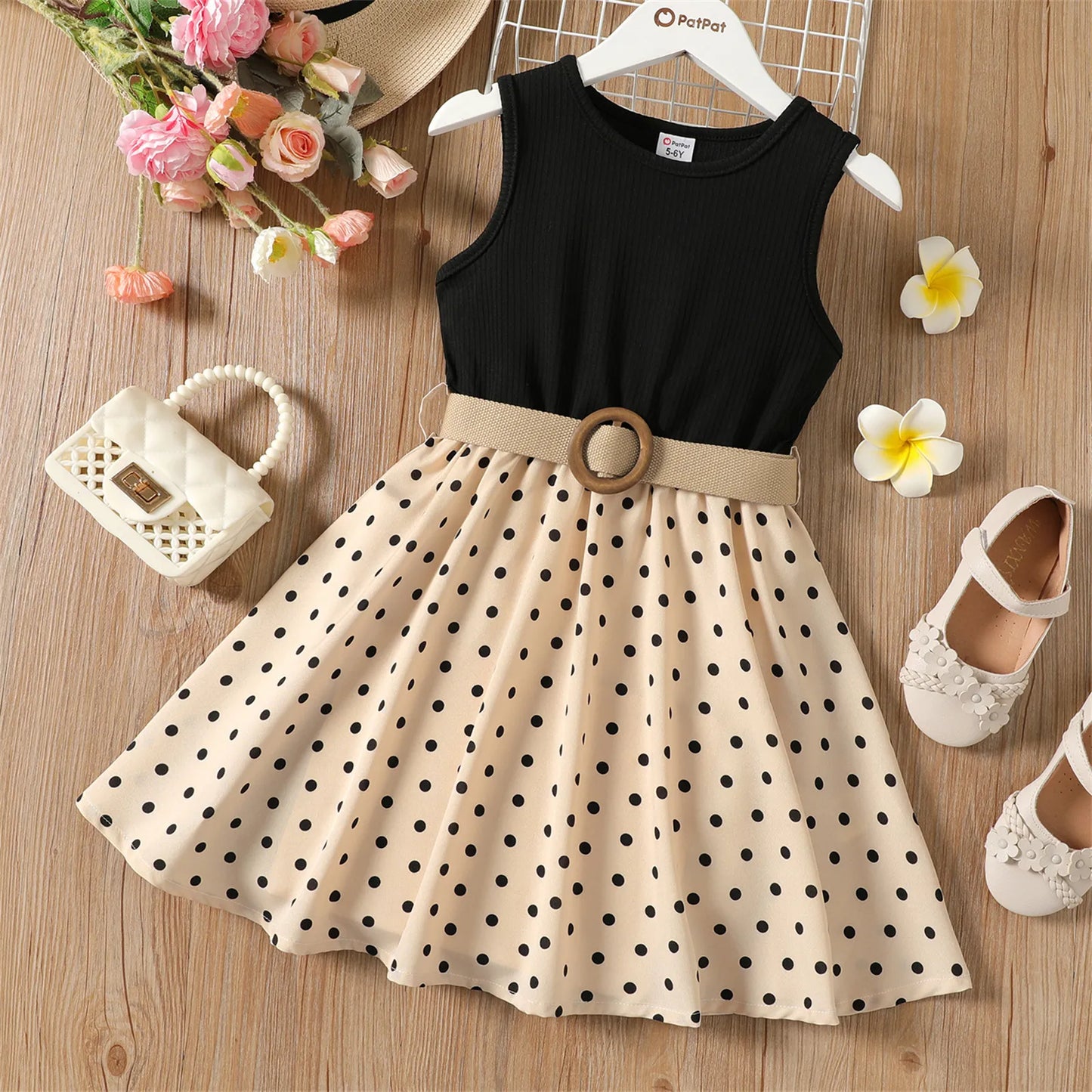 PatPat 2pcs Girl Dresses Kids Clothes Girl Polka Dots Ribbed Girls Splice Sleeveless Dress & Belt