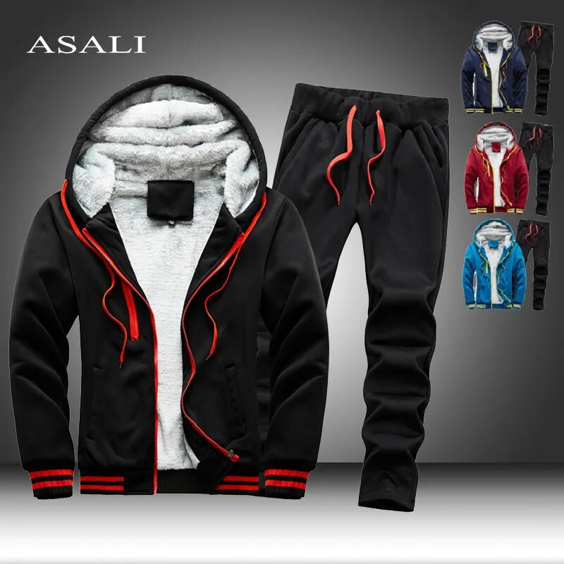 Fleece Hooded Tracksuit Men 2 Pieces Set Sweatshirt + Sweatpants Sportswear Zipper Hoodies Casual Sets Mens Clothing S-5XL