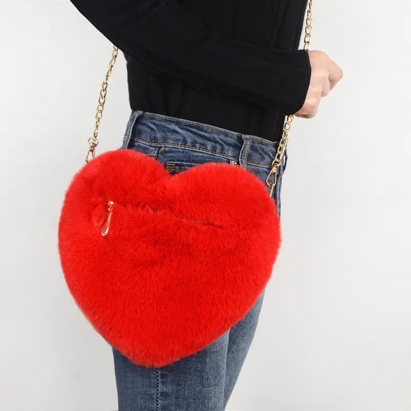 Fashion Women's Heart Shaped Handbags Cute Kawaii Faux Fur Crossbody Bags Wallet Purse Plush Chain Shoulder Bag Lady Handbag