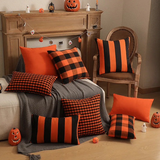 Halloween Decorative Pillow Covers Fall Pillow Case Orange Throw Pillow Cover Plaid Couch Pillow Cover for Living Room