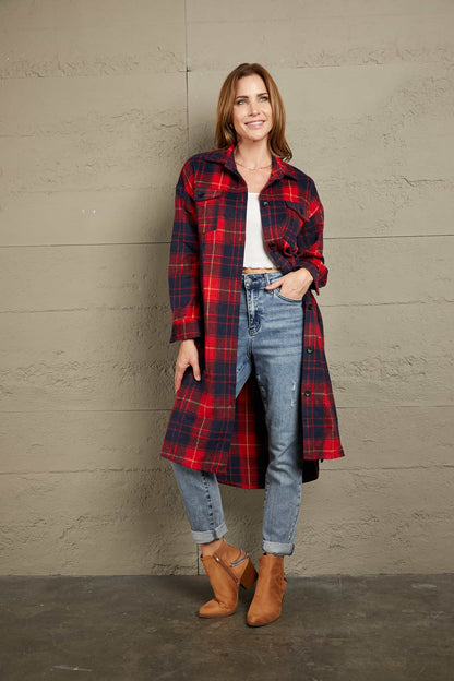 Ivy Lane Plaid Belted Button Down Longline Shirt Jacket