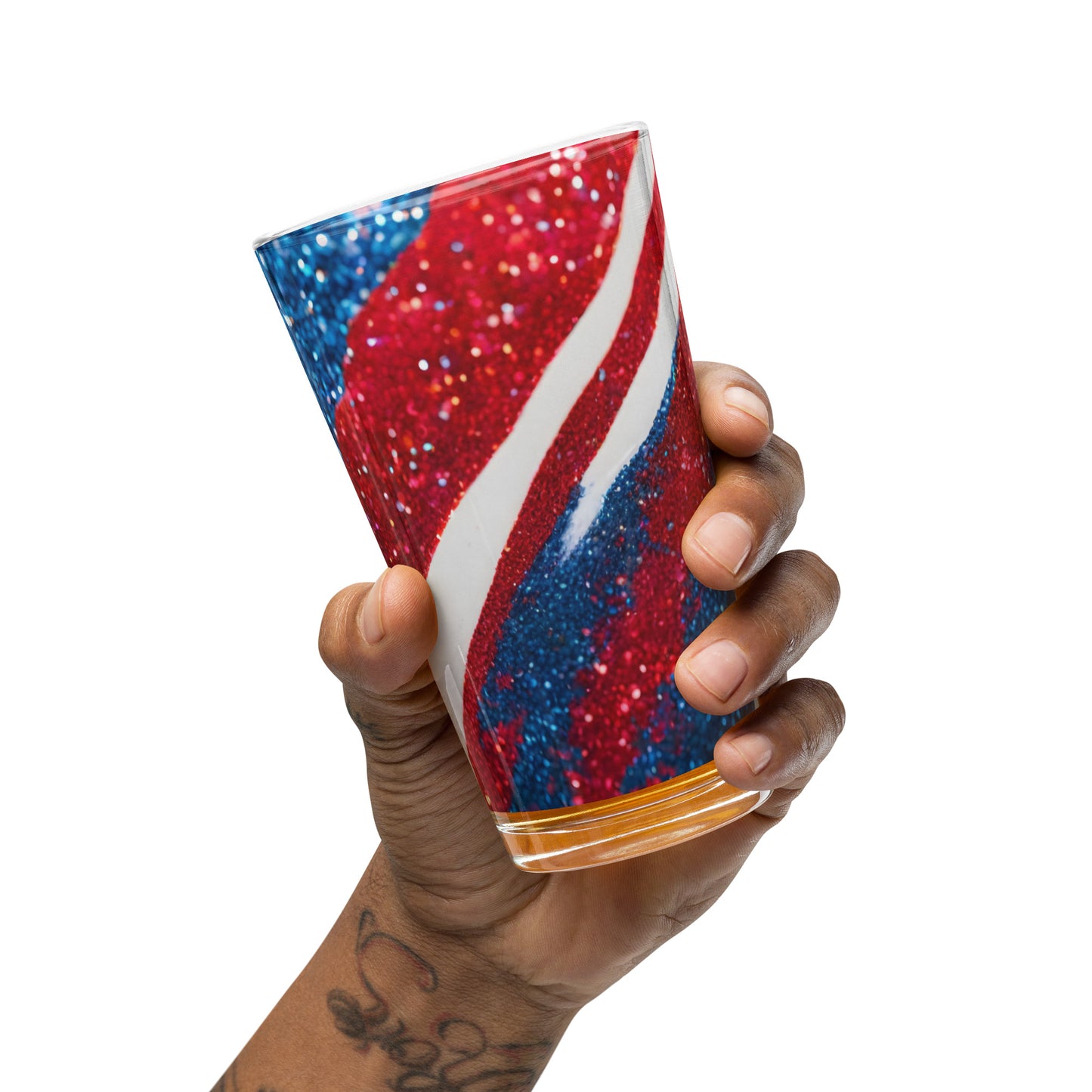 Shaker Pint (16oz) Glass Red White Blue Glitter Pour Design