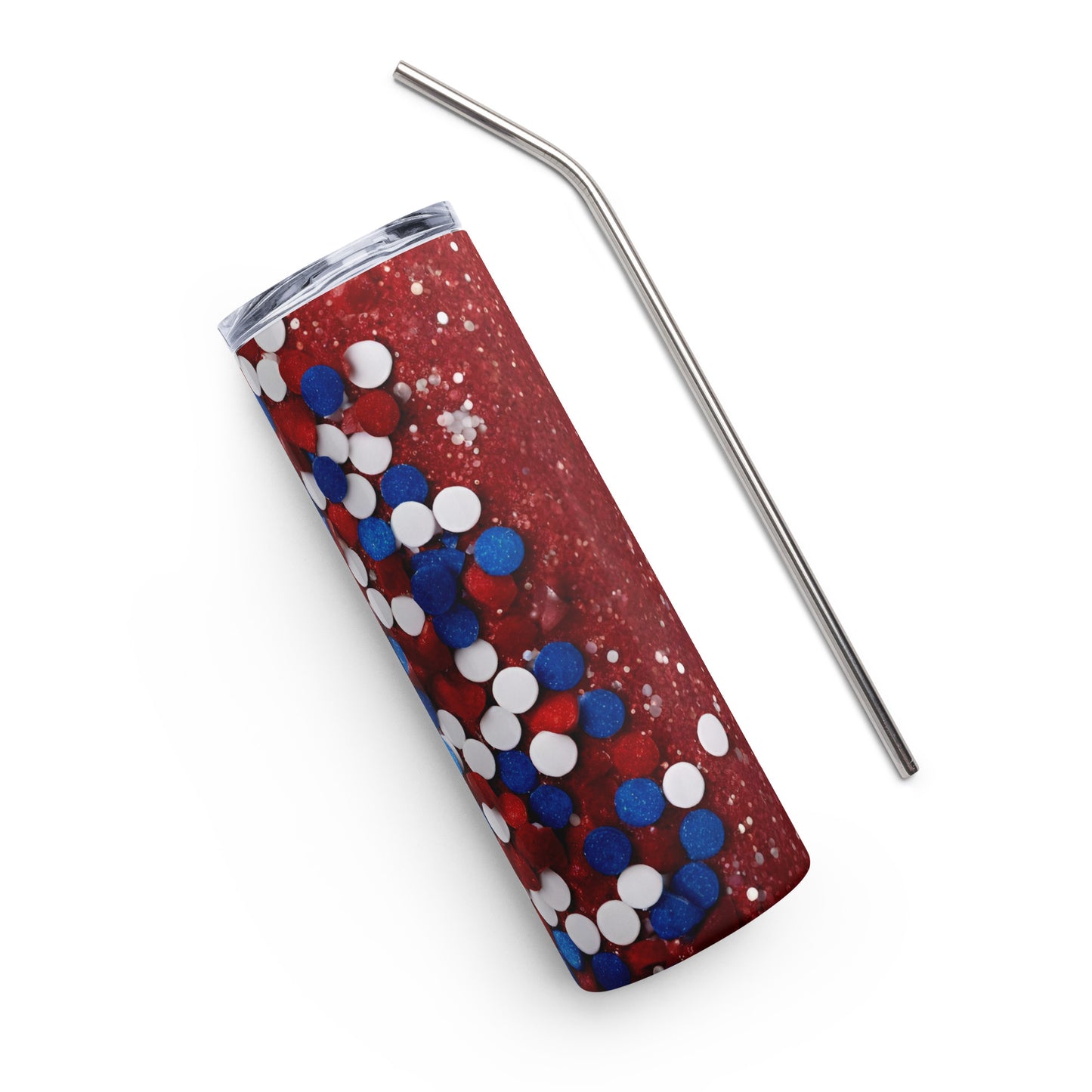 Stainless Steel Tumbler Red White Blue Glitter Design