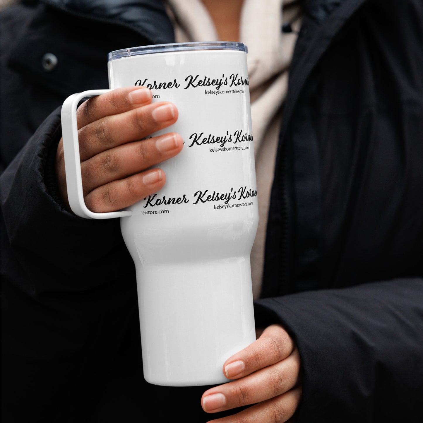 Kelsey's Korner Branded Travel mug with a handle