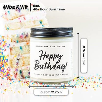 WAX & WIT Happy Birthday Gifts for Women, Happy Birthday Candles Gifts for Women, Happy Birthday Gifts for Her, Birthday Gifts for Friend - Vanilla, Buttercream, Sugar Soy Candle 9oz