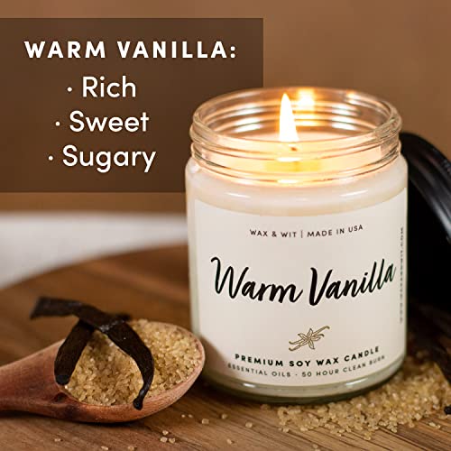 WAX & WIT Scented Candles, Vanilla Candles, Soy Candles for Home Scented, White Candle, Aromatherapy, Non Toxic Candles, Bathroom Candle, Organic, Natural Candles, Vanilla Scented Candles - 9oz